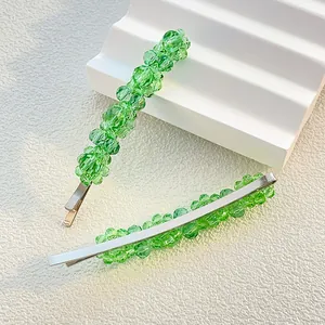 Elegant grass green crystal beaded hair clips with silver metal base set of two
