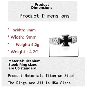 Spécifications de la bague homme 9mm en acier inoxydable avec croix noire