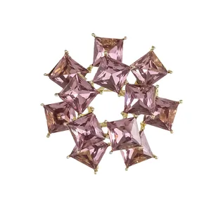Fashionable flower wreath brooch with purple square crystals and golden metal base