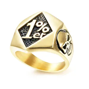 Vintage golden stainless steel 1%er skull biker ring for men with diamond-shaped top