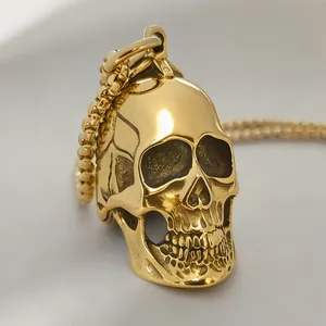 Vintage Punk Titanium Steel Skull Pendant Necklace Gold Steel Color Gothic Ghost Demon Jewelry For Men Women Daily Party Wear