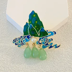 Enamel mountain and cloud brooch with white pearl and green teardrop pendants