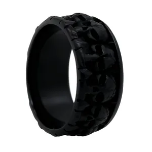 Retro black stainless steel skull ring with punk style embossed carvings for men