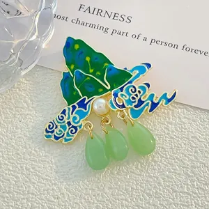 Elegant Chinese style enamel brooch with green lotus leaf and jade water drop charms