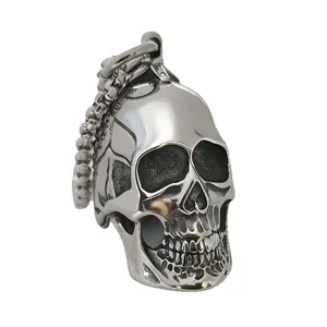Gothic punk skull pendant in vintage stainless steel with antiqued silver finish