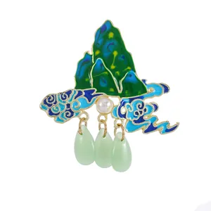 Elegant Chinese ink landscape enamel brooch with green hills and hanging teardrop charms