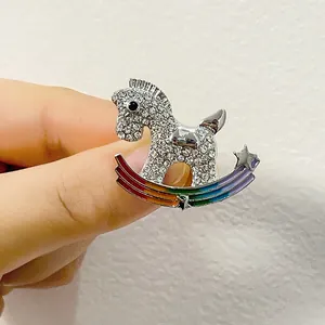 Rocking Horse Brooch With Rainbow Enamel Rhinestone Animal Lapel Pin For Women Coat Accessories Decorative Jewelry Pin