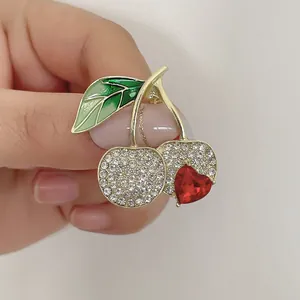 Korean Sweet Cherry Brooch With Red Heart Gemstone Enamel Leaf Rhinestone Alloy Fruit Pin For Women Jewelry Anti-exposure