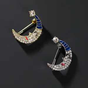 Cartoon Smiling Moon Brooch Rhinestone Enamel Pin For Women Fashion Alloy Anti-Exposure Clothing Accessories Jewelry Gift