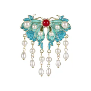 Classic blue enamel butterfly brooch with pearls and hanging golden tassels ornament