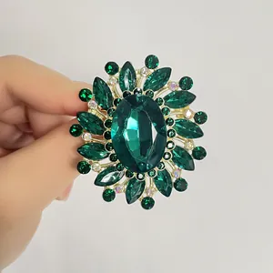 Vintage French Luxury Large Flower Brooch Green Champagne Rhinestone Glass Inlaid Pin For Women Wedding Banquet Jewelry