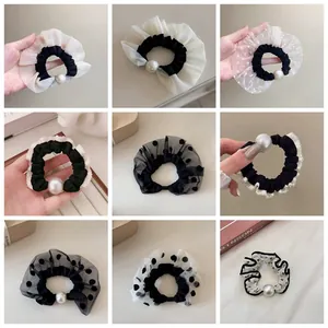 Coleteros de Perlas Artificiales Estilo Coreano para Mujer Elegante Floral Lunares Malla Encaje Fruncido Elástico Lazo para el Pelo Soporte de Coleta Accesorio