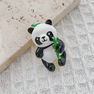 Cartoon Chinese Style Panda Holding Bamboo Brooch Cute Enamel Animal Lapel Pin For Women Coat Accessories Jewelry Gift