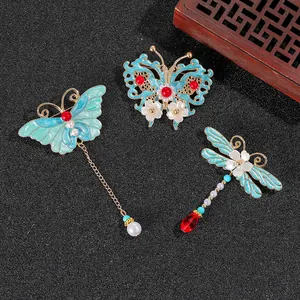 Vintage Neuer Chinesischer Stil Schmetterling Libelle Brosche Zinklegierung Emaille Quaste Künstliche Perle Anstecknadel Für Hanfu Schmuck