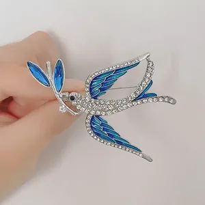 Fashion Swallow Brooch With Blue Enamel And Rhinestones Zinc Alloy Bird Pin With Olive Branch For Women Clothing Accessories