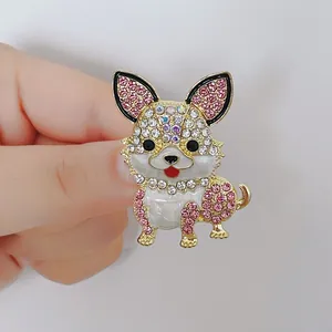 Simpatica Spilla a Forma di Cane da Cartone Animato Con Strass Rosa Bianchi Oro Lega di Zinco Spilla Animale per Donna Abbigliamento Borsa Gioielli