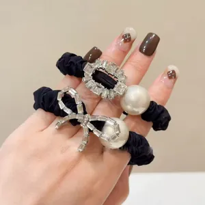Vintage Satin Scrunchies For Women With Large Faux Artificial Pearl And Rhinestone Bow Knot Flower Elastic Hair Ties Headband Accessory