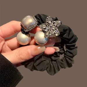 Elegant Black Satin Scrunchies With Rhinestone Star Artificial Pearl Decor High Elastic Hair Ties For Horsetail Women Hair Accessories