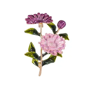 Pink and purple daisy flower brooch in gold alloy with enamel finish for dresses
