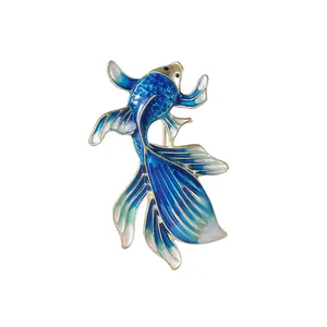 Elegant Chinese enamel goldfish brooch with blue and white gradient and gold finish