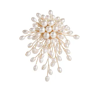 Handmade woven pearl flower brooch in gold wire setting for elegant women suits