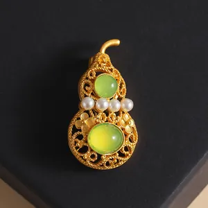Broche Calebasse Style Chinois Dorée Avec Pierre Verte Et Künstliche Perles Filigrane En Alliage Pour Qipao Hanfu Bijoux Femme