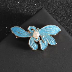 Vintage Chinese Style Alloy Orchid Hair Clip With Blue Enamel And Faux Artificial Pearl Gold Duckbill Side Clip For Women Jewelry