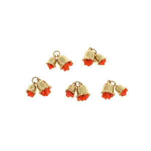 18K gold-plated double bell charms with orange cluster inlay for DIY jewelry design