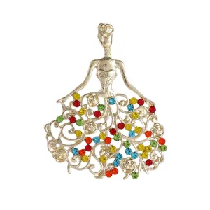 Elegant gold-plated ballet girl brooch with multi-colored crystals and hollow design