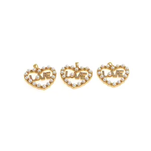 Pendentif LOVE cœur plaqué or 18K avec perles et zircons pour la création de bijoux