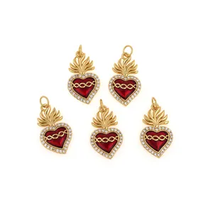 Five 18K gold plated sacred heart pendants with red enamel and zircon crystals