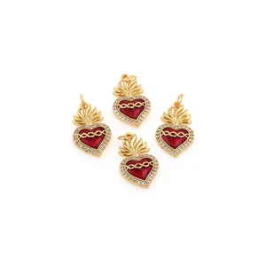 18K gold-plated heart flame pendant with red enamel and sparkling zircon inlay