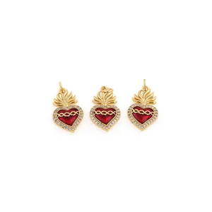 Three 18K gold plated heart flame pendants with red zirconia and sparkling white stones