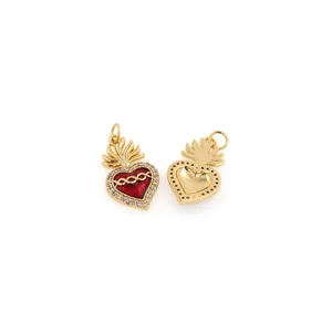 18K gold-plated heart pendant with red enamel and pavé zircon stones on white background