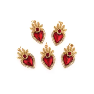 Lot de 5 pendentifs coeur sacré plaqué or 18 carats avec gemmes rouges et zircons