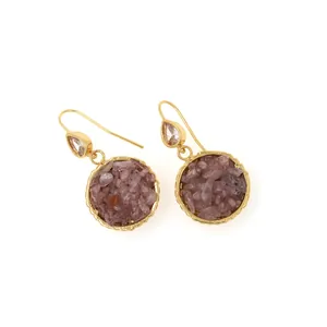 18K gold-plated drop earrings featuring round purple stones and pear-cut zircon crystals