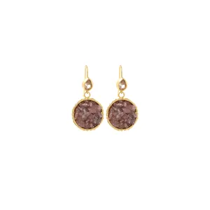 Detail of 18K gold-plated drop earrings featuring purple druzy stones and zircon studs