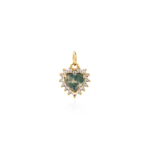 Pendentif cœur en or 18 carats avec agate mousse verte et entourage de zircons