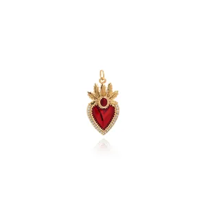 Pendentif Sacré-Cœur en Cuivre Plaqué Or 18K Charme de Cœur en Zircone Rouge pour DIY Fabrication de Bijoux Collier Femme