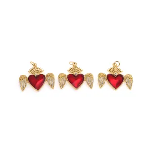 18K vergulde hartvormige hanger met vleugels en zirkonia in rood emaille stijl