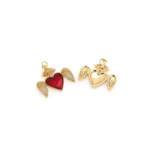 18K vergulde hartvormige hanger met vleugels, rood emaille en schitterende zirkoon