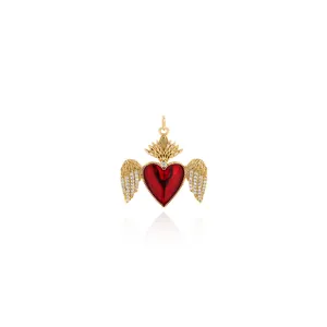 18K Verguld Koper Emaille Rood Hart Vleugel Hanger Met Zirkoon Kroon Luxe DIY Sieraden Maken Accessoire Voor Vrouwen