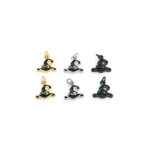 6PCS Witch Hat Pendants in Gold and Silver with Black Enamel and Colorful Zircon Crystals
