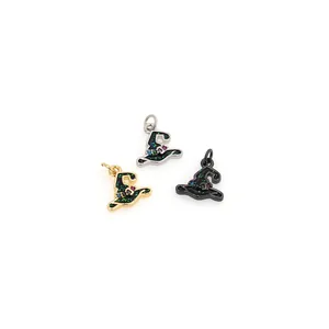 Detail of 18K gold-plated witch hat pendants with colored zircon and glitter enamel