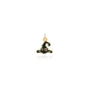 18K gold plated witch hat pendant with black enamel and sparkling colorful zircons