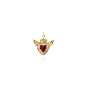 Pendentif Vintage Sacré Cœur Ailé en Cuivre Plaqué Or avec Zirconia Rouge Incrusté Forme de Cœur DIY Accessoire Bijoux Femme