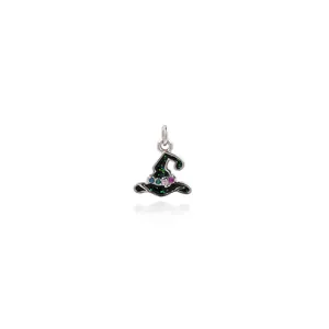 18K gold-plated witch hat pendant with black enamel and colorful cubic zirconia