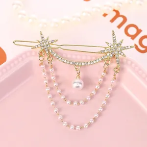 Elegant Golden Alloy Rhinestone Bow Star Tassel Hair Clip With Faux Artificial Pearl For Women Wedding Party Daily Hair Jewelry
