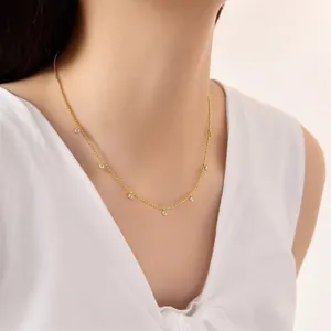 Detailed view of S925 silver beaded chain necklace with zircon pendants on neck