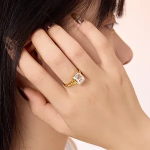 Close-up of a gold S925 silver ring featuring a large rectangular gemstone on a model's finger